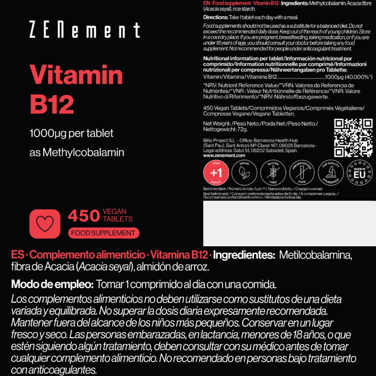 Vitamina B12 1000 mcg Zenement 450 comprimidos vegan