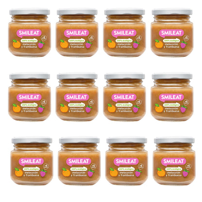 Embalagem de 12 frascos de framboesa e pêssego biológicos Smileat, 130g