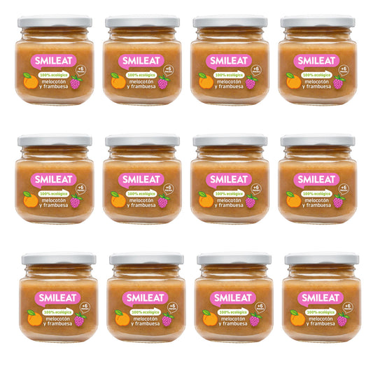 Embalagem de 12 frascos de framboesa e pêssego biológicos Smileat, 130g
