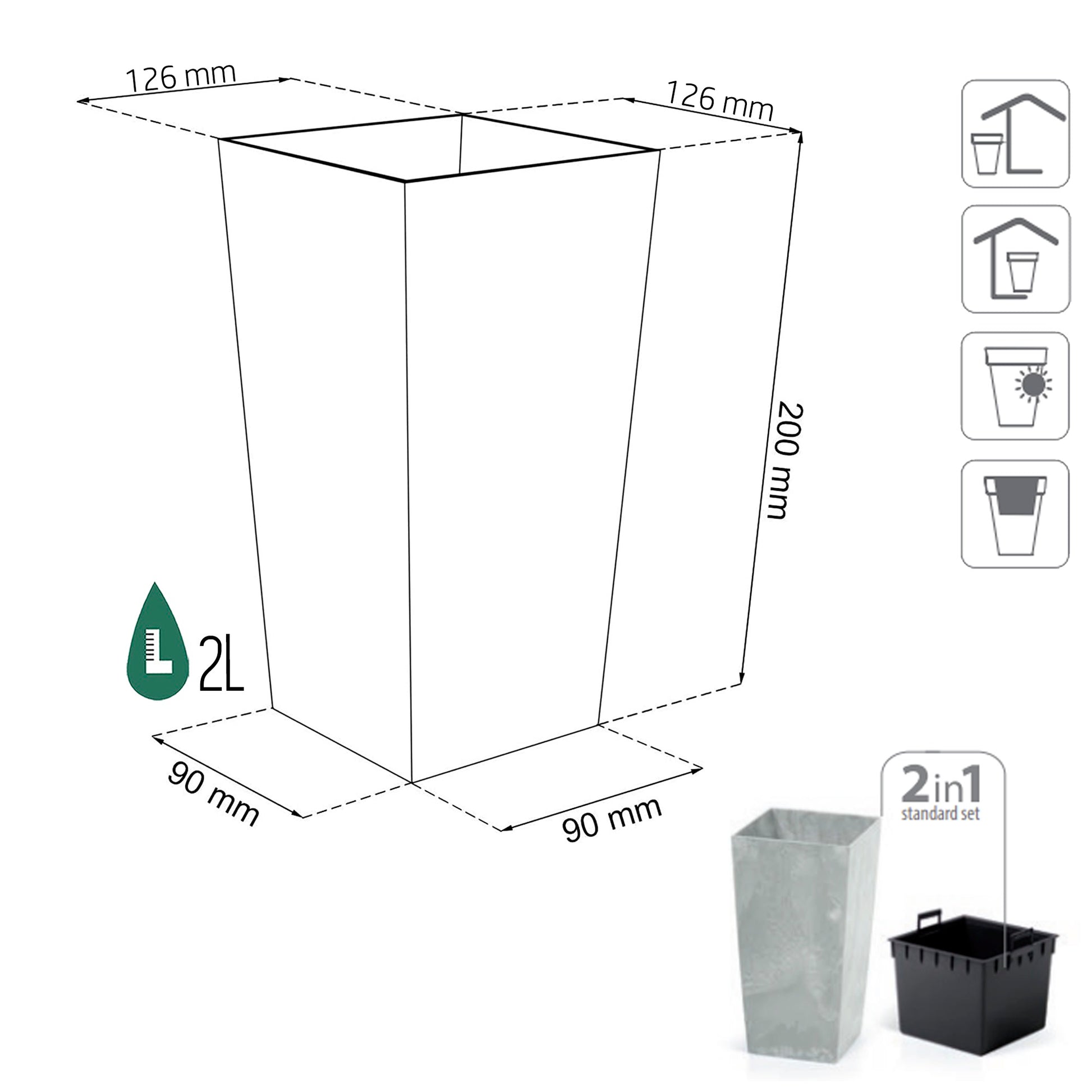 Maceta Urbi Square Beton Effect 2l., Dimensiones (mm) 126x126x200, Color Hormigón