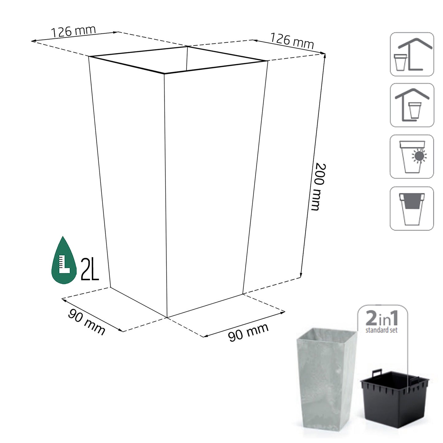 Maceta Urbi Square Beton Effect 2l., Dimensiones (mm) 126x126x200, Color Antracita