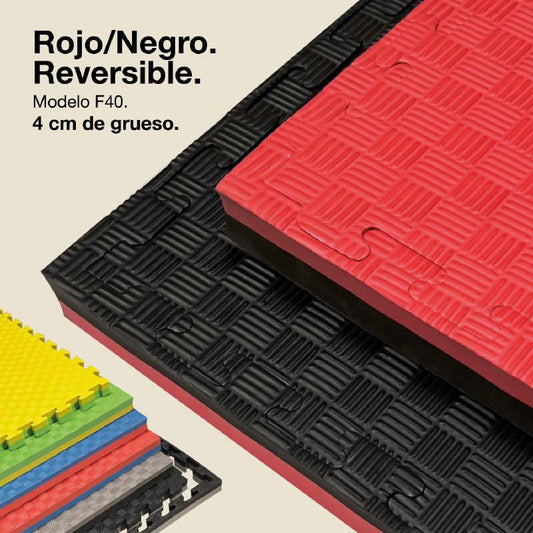 Tatami Puzzle 4cm 100x100cm, Pack 4 Unidades – Superficie 5 Líneas Negro/rojo Jowy_0
