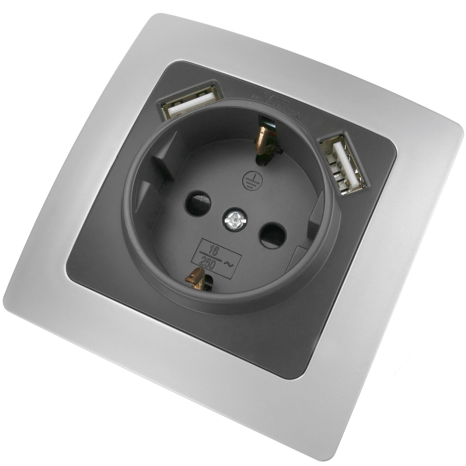 Base De Enchufe Schuko Con Usb 2 X A Hembra 80x80mm Lille Para Empotrar Plata Y Gris_0