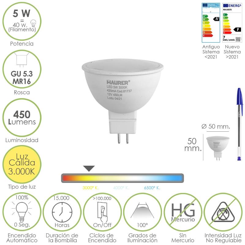 Bombilla Led Dicroica Rosca Gu 5.3 / Mr16. 5 Watt. Equivale A 40 Watt. 405 Lumenes. Luz Cálida (3000º K.)