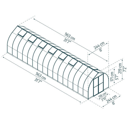 Estufa Canopia Bella Garden Policarbonato 964x244x219 cm Prata Difusa