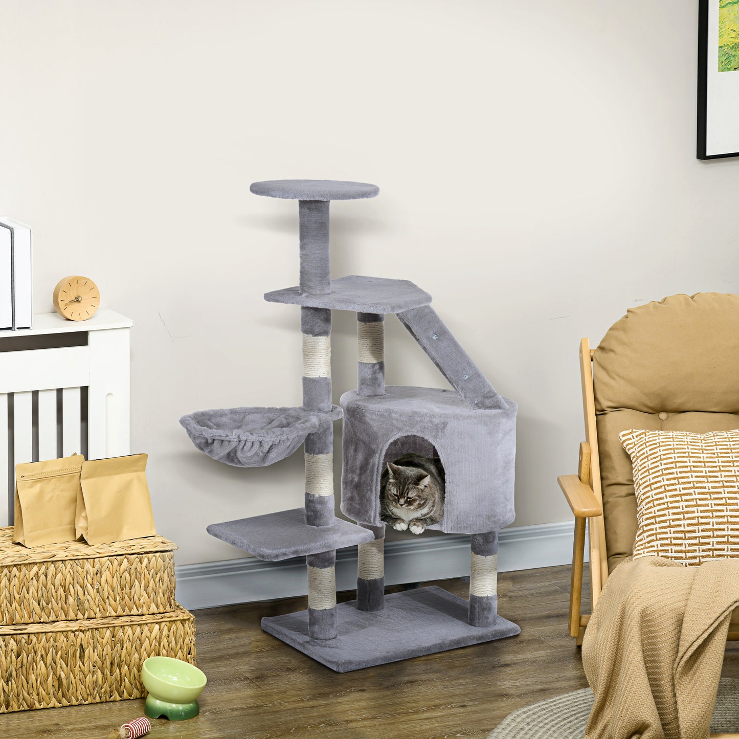 Pawhut Rascador Árbol Para Gatos Grande 55x40x125cm Postes Escalera Hamaca Gris_1