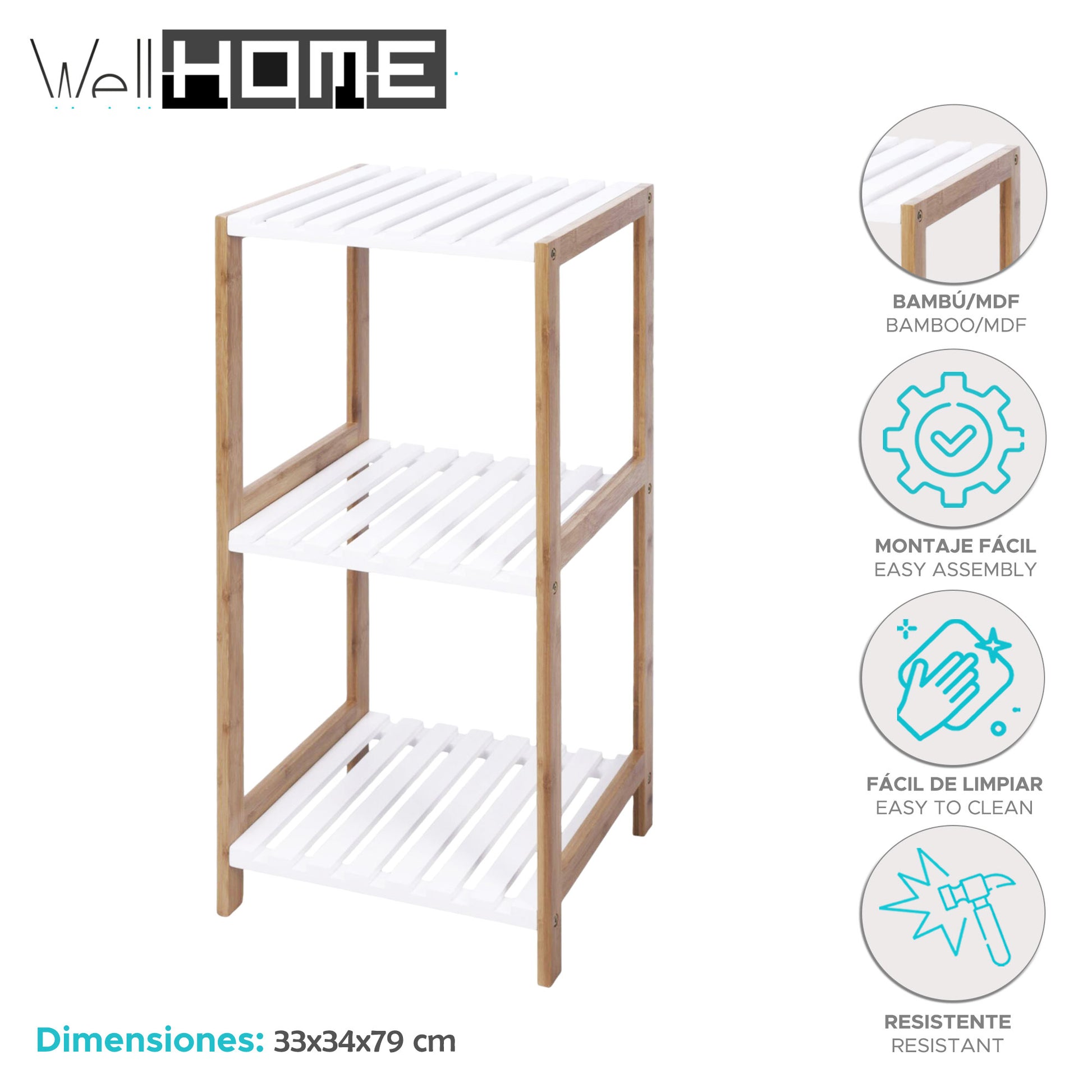 Well Home Estantería De Baño Con 3 Estantes En Mdf Y Patas De Bambú H.79cm_1