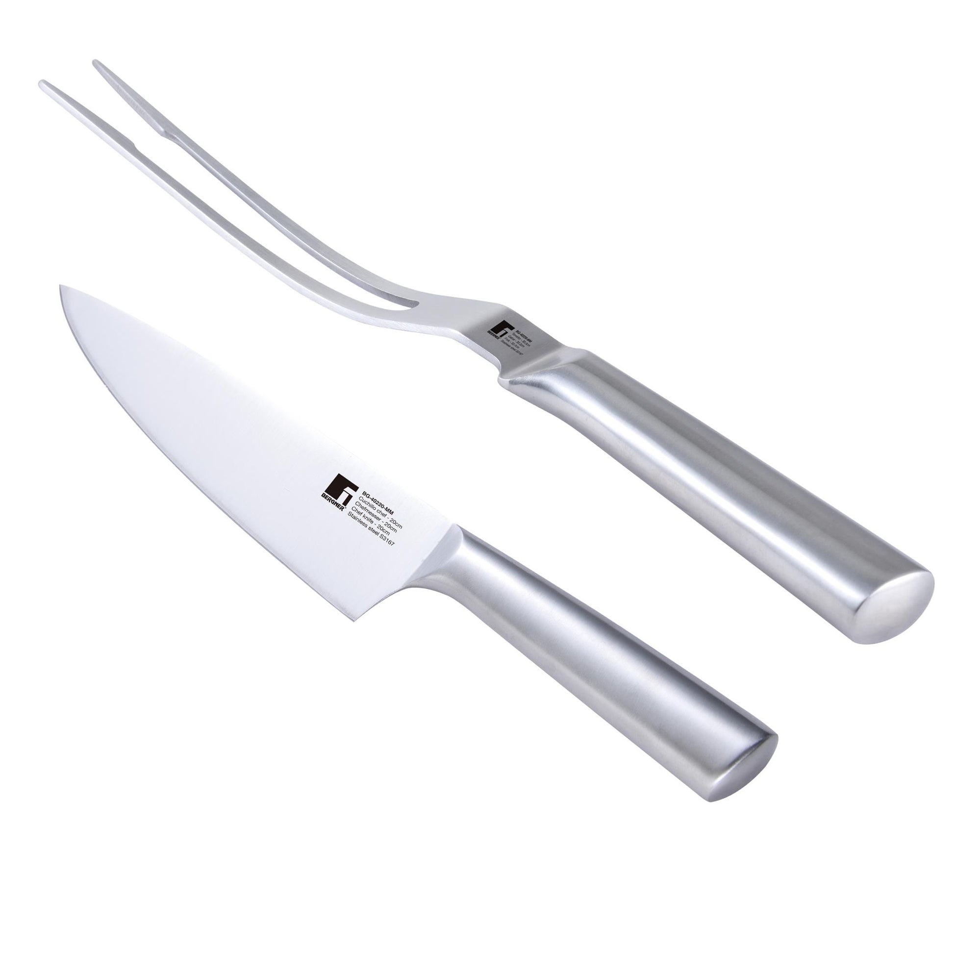 Set De Cuchillo Chef + Tenedor Para Carne Bbq En Acero Inoxidable Bergner_0