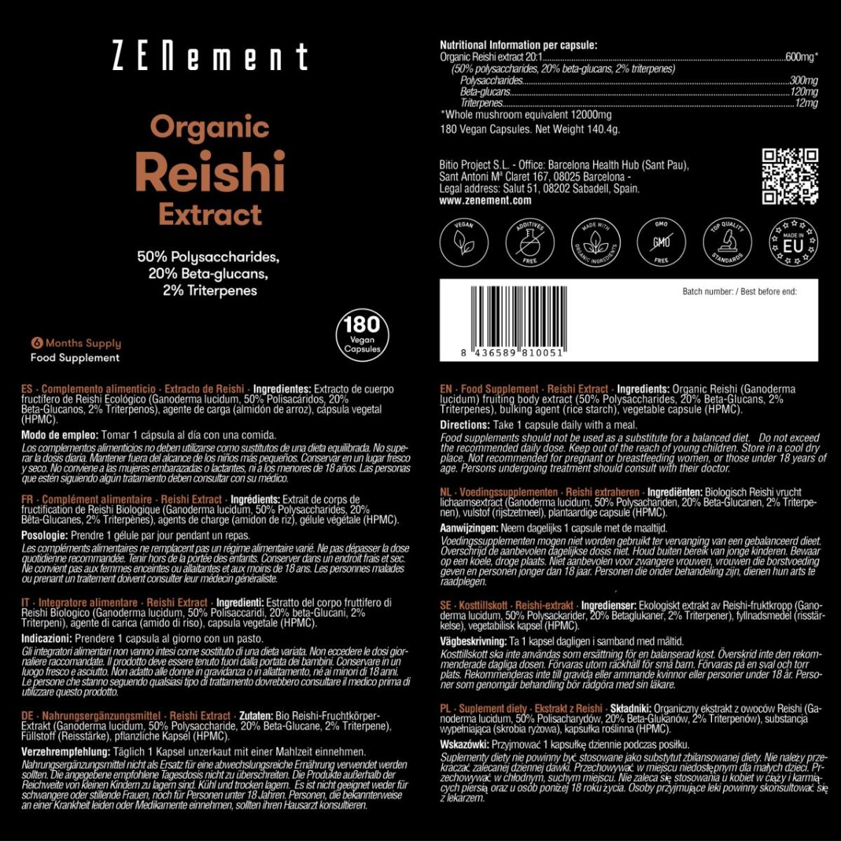 Extrato de Reishi Biológico 12000 mg Zenement, 180 comprimidos