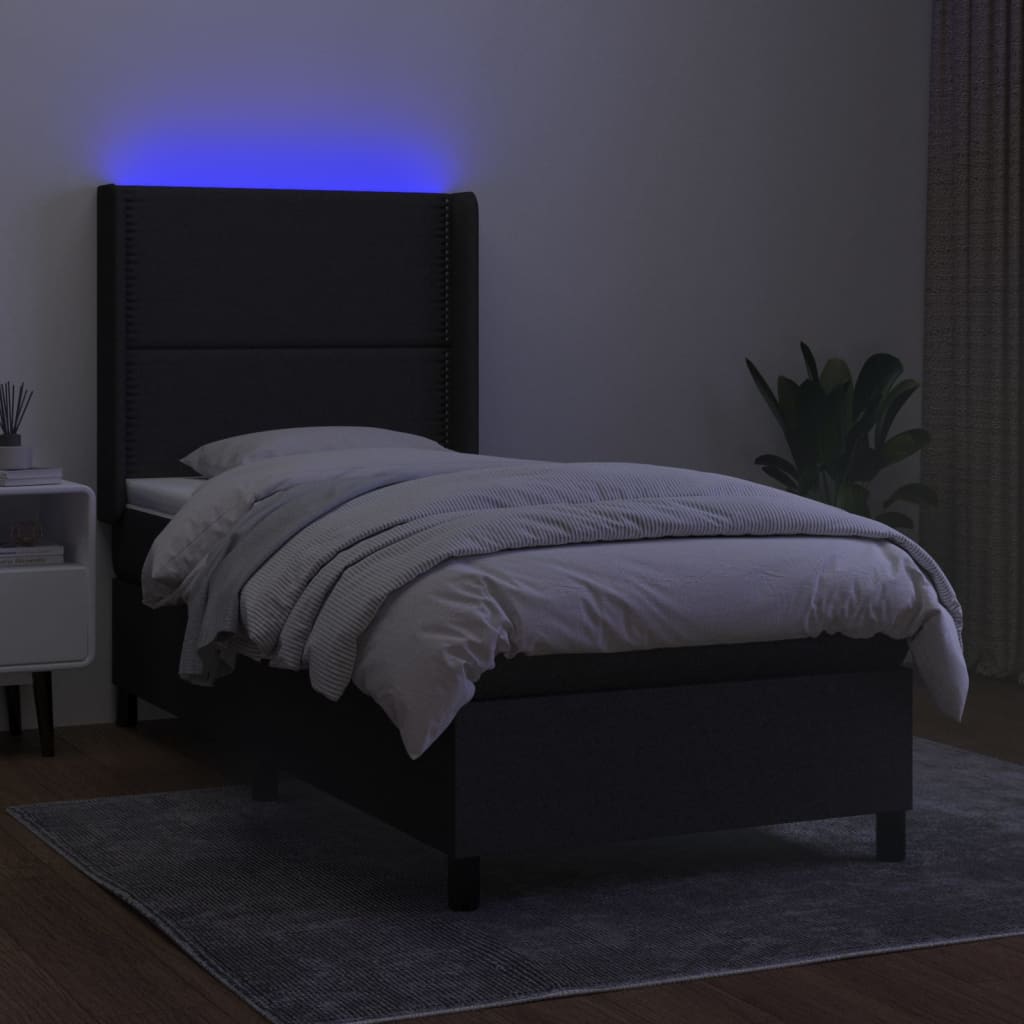 Cama Box Spring Colchón Y Luces Led Tela Negro 90x190 Cm / Vetonek_2