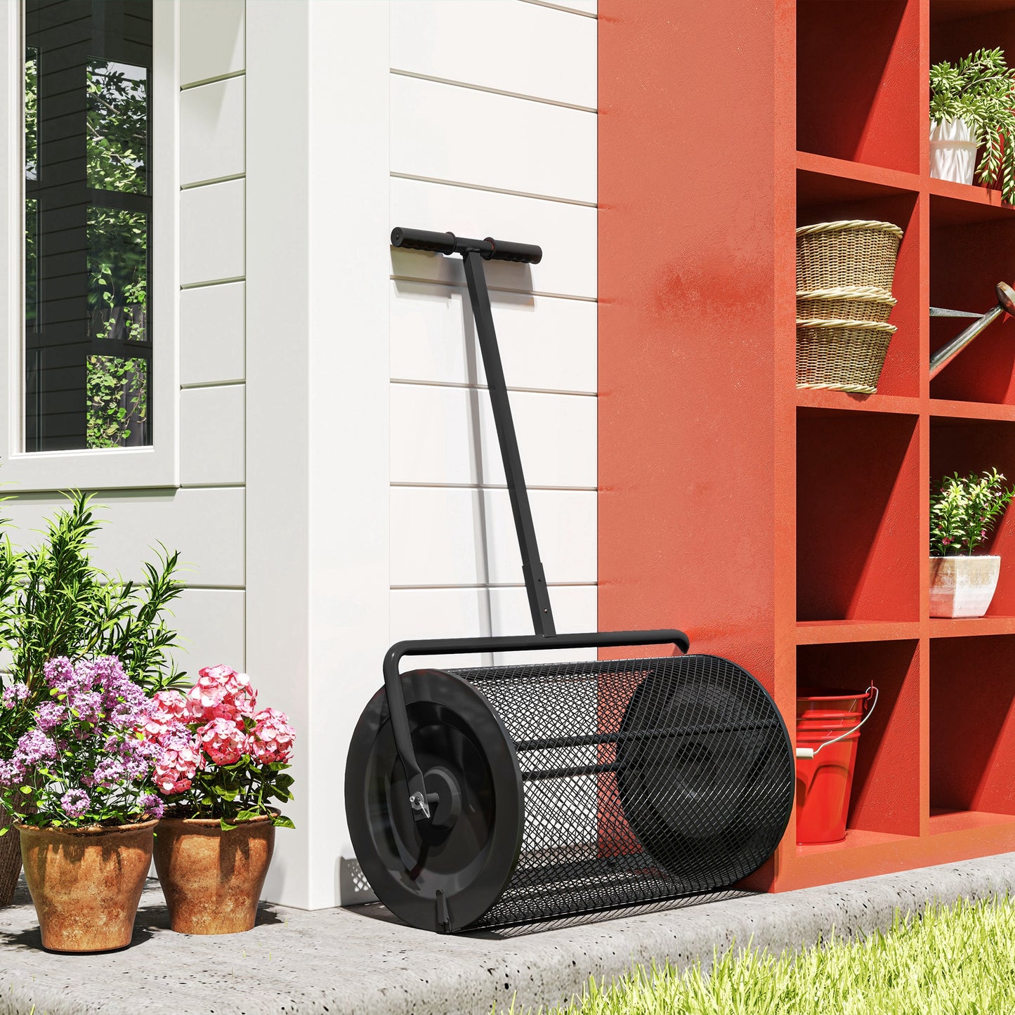 Outsunny Esparcidor De Compost 75l 70x40x112 Cm Con Asa Ajustable Y Cesto_3