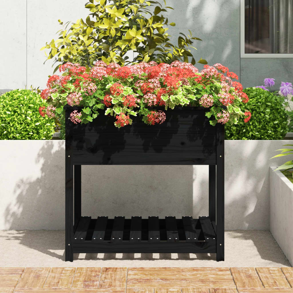 Jardinera Con Estante Madera Maciza Pino Negro 82,5x82,5x81 Cm_2