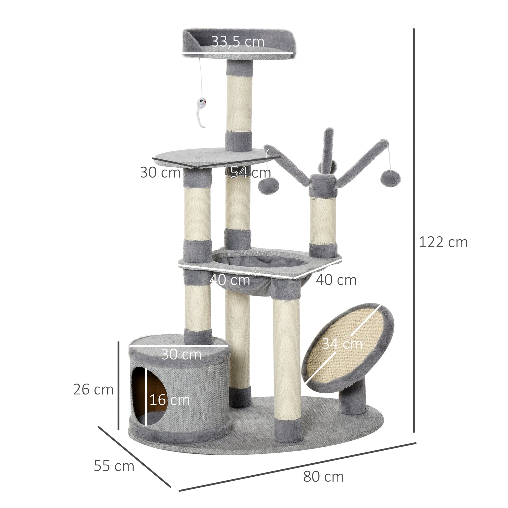 Pawhut Árbol Rascador Para Gatos Grande 80x55x122cm Hamaca Plataformas Juguetes_2