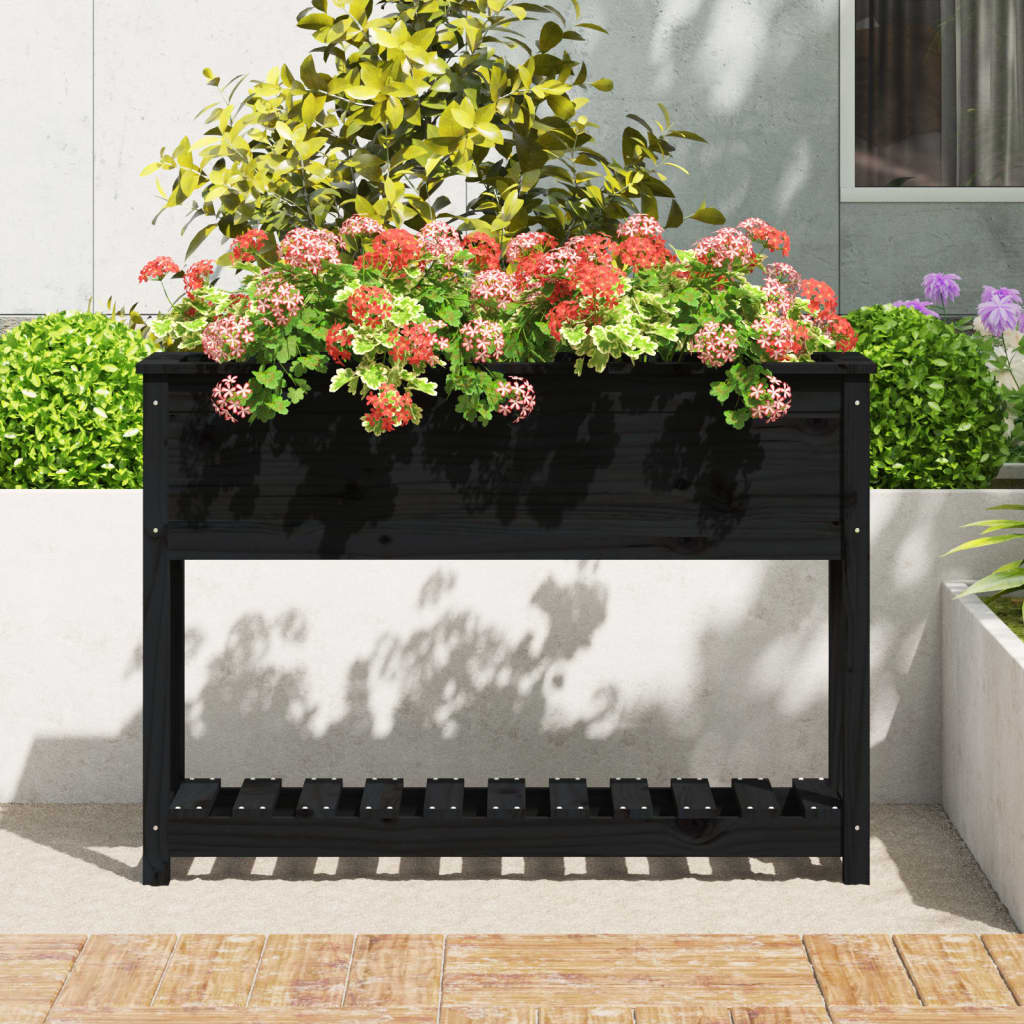 Jardinera Con Estante Madera Maciza Pino Negro 111,5x34,5x81 Cm_2