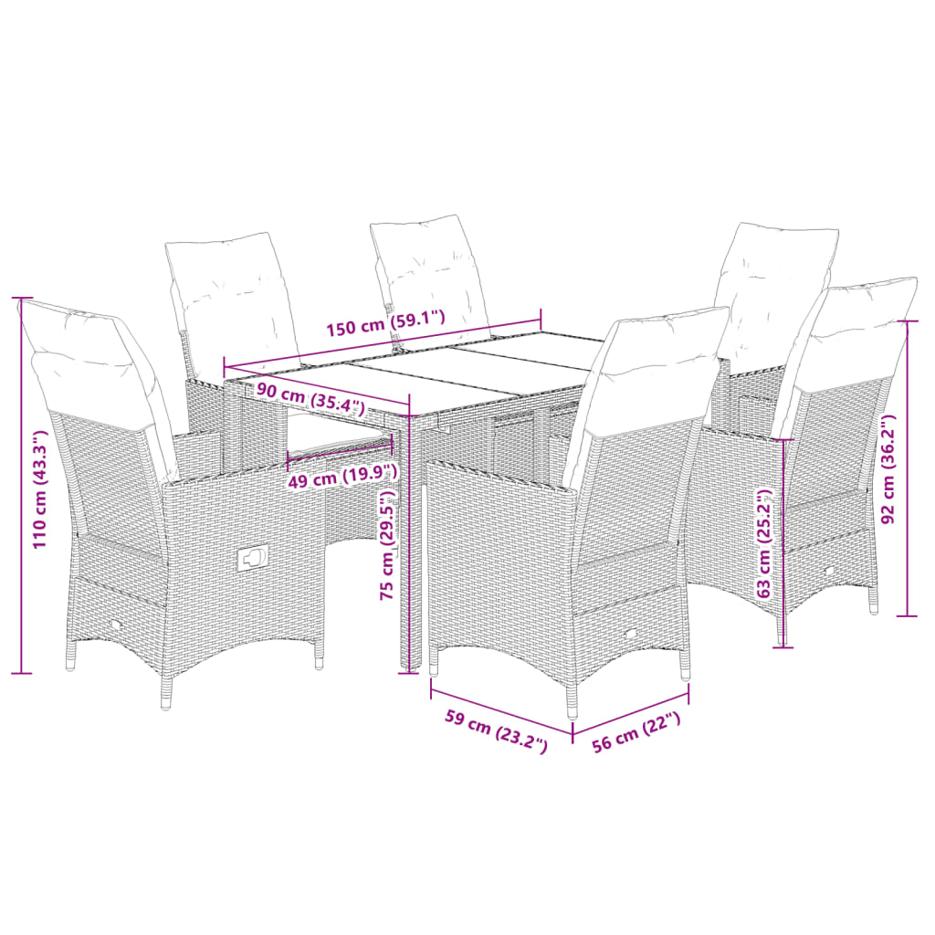 Set De Comedor De Jardín 7 Pzas Y Cojines Ratán Sintético Negro / Vetonek_5