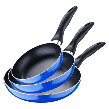 Set 3pc Sarten (16+20+24cm) Aluminio Prensado, Inducción, Azul Navy Paradise Con Set 3 Pc Utensilios Cocina Acero Inoxidable