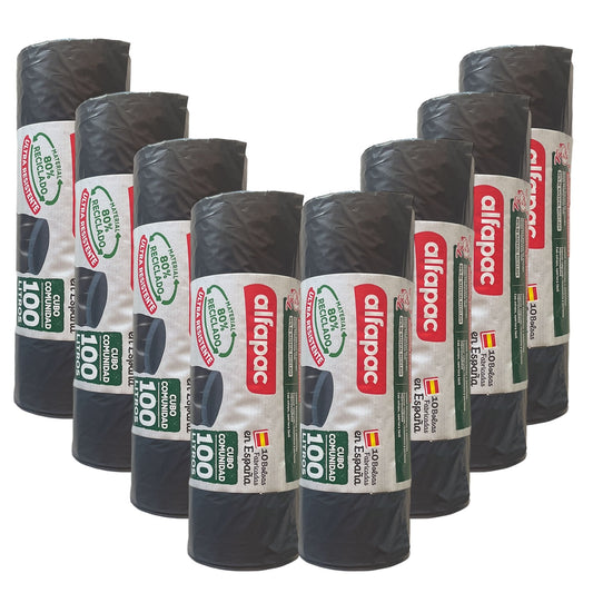 80% Reciclado 8 Rollos De 10 Bolsas De Basura De 100l