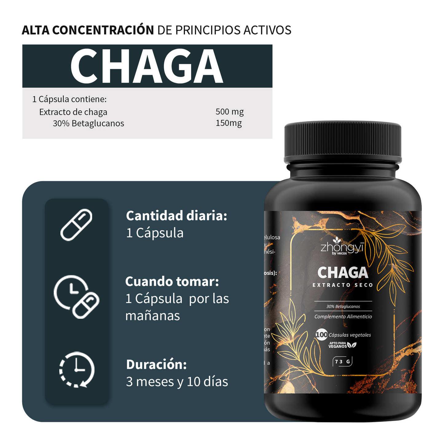 Chaga Zhongyi Vecos 100 Cápsulas | Antioxidante Y Defensa Celular | 500 Mg Con 30% Betaglucanos_2