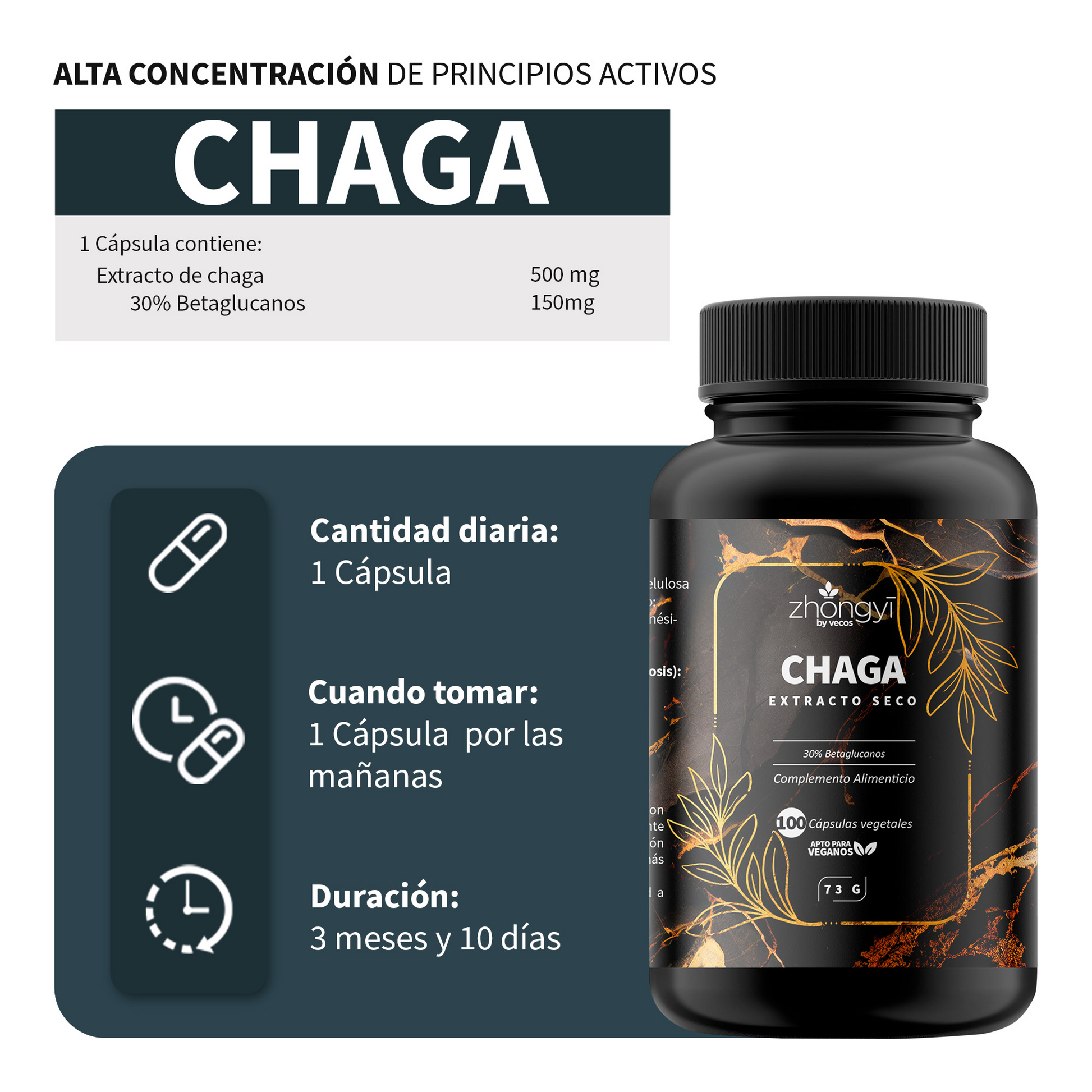 Chaga Zhongyi Vecos 100 Cápsulas | Antioxidante Y Defensa Celular | 500 Mg Con 30% Betaglucanos_2