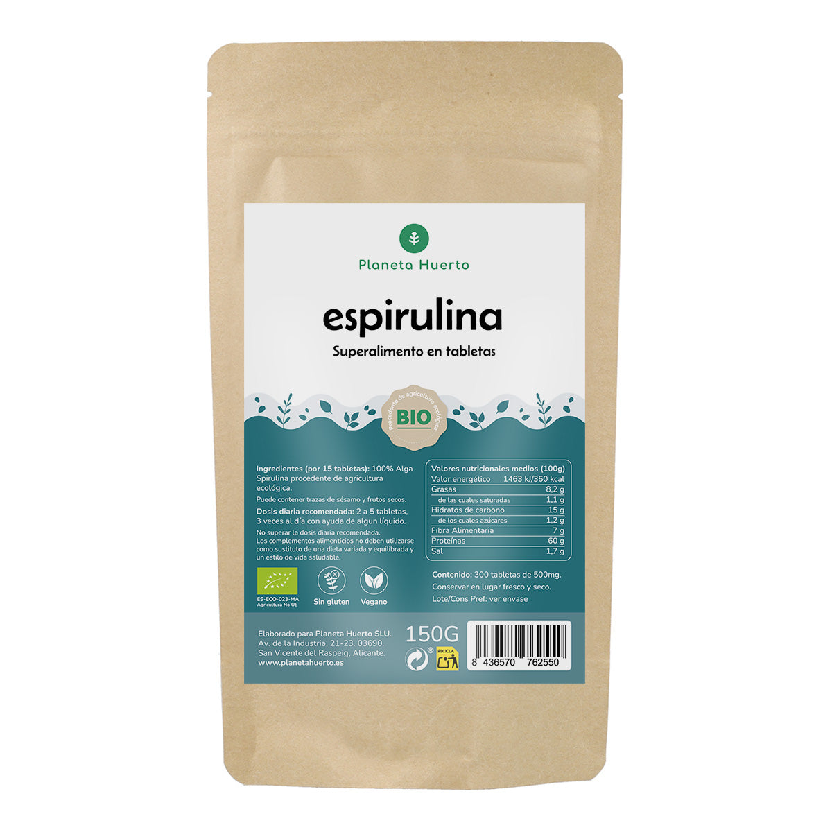 Spirulina 500mg BIO Planeta Huerto 300 comprimidos