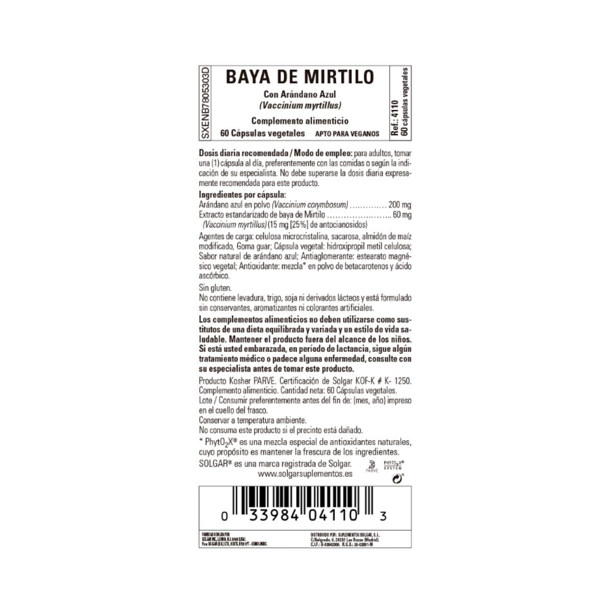 Extrato de mirtilo com arando (Vaccinium myrtillus), 60 cápsulas vegetais