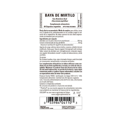 Extrato de mirtilo com arando (Vaccinium myrtillus), 60 cápsulas vegetais