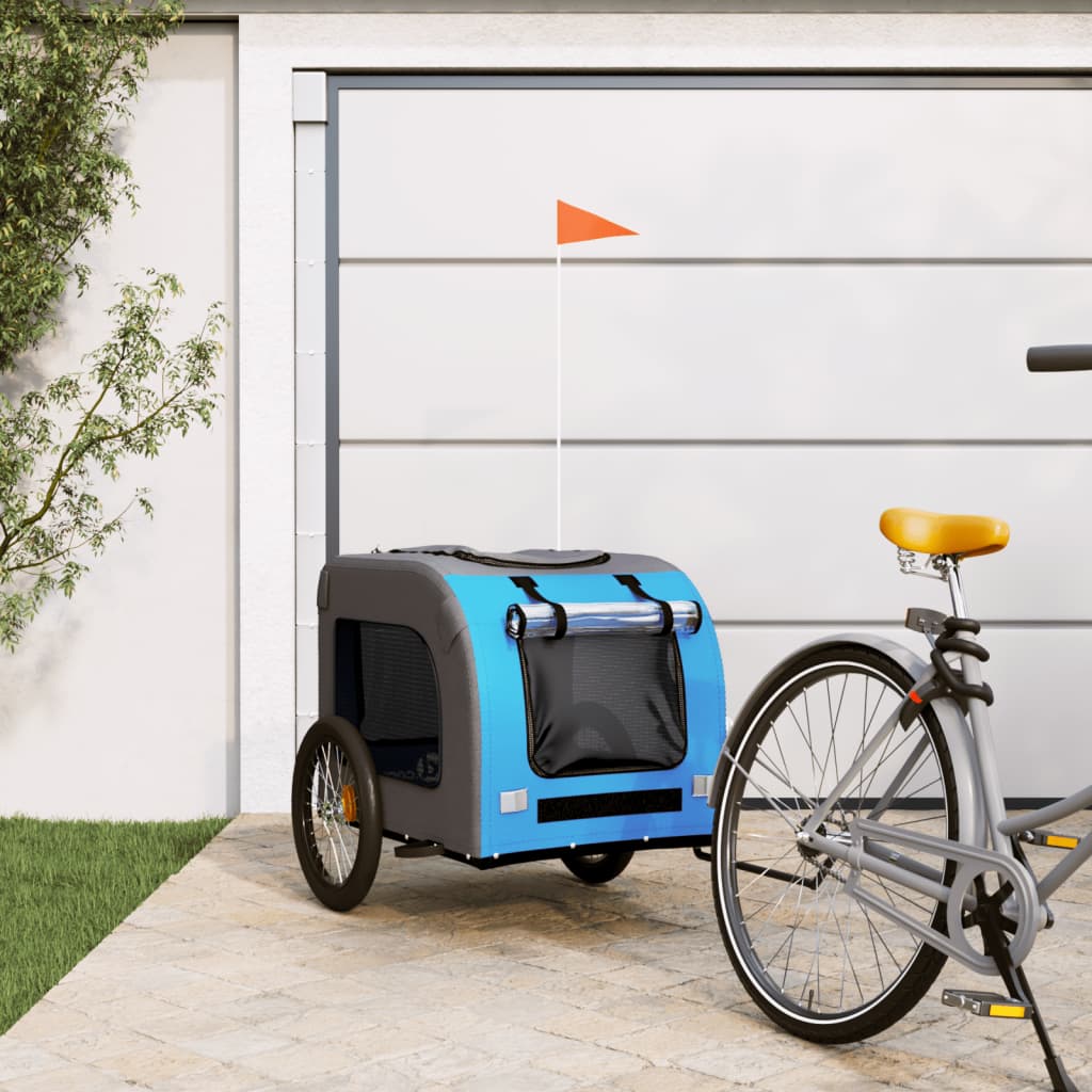 Remolque De Bicicleta Mascotas Hierro Tela Oxford Azul Gris_1