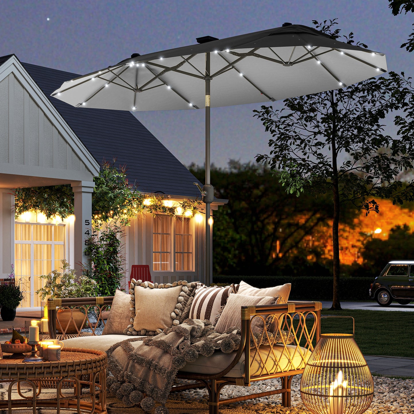 Outsunny Sombrilla Doble 295x150x219 Cm Con Luces Led Solares Gris_1