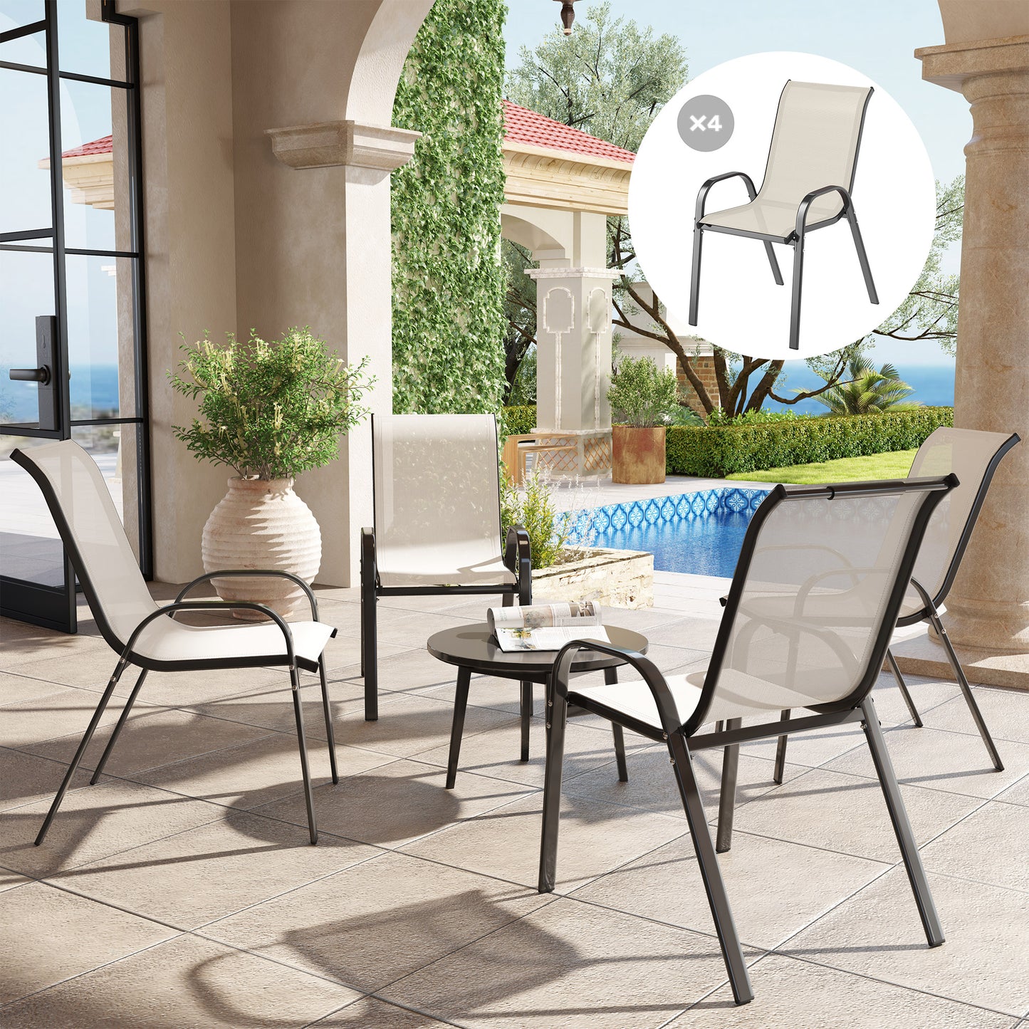 Outsunny Juego De 4 Sillas Jardín Exterior Apilables 54x71x93 Cm Beige Y Negro_1