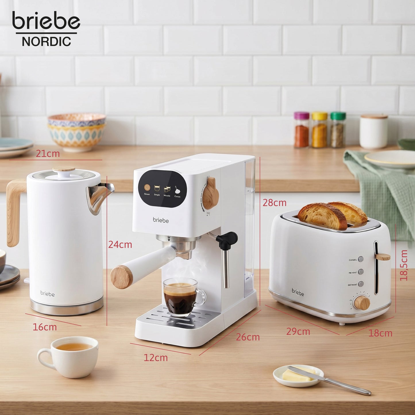Briebe Nordic Set Cafetera Espresso 20 Bares, Tostadora Pan 2 Rebanadas, Hervidor Eléctrico Agua 1,7l, Skt1209wht,blanco_5