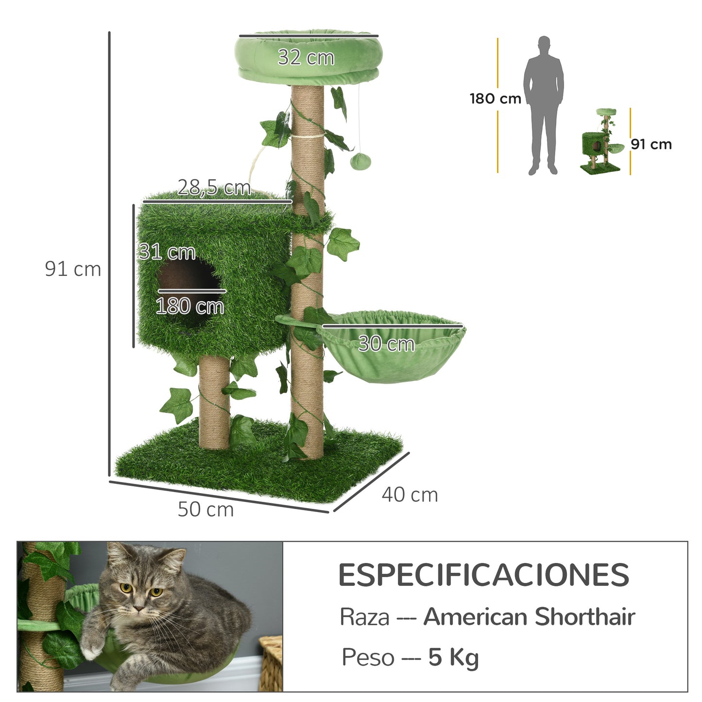 Pawhut Árbol Rascador Para Gatos 91cm Con Caseta Hamaca Poste De Yute Bola Verde_2