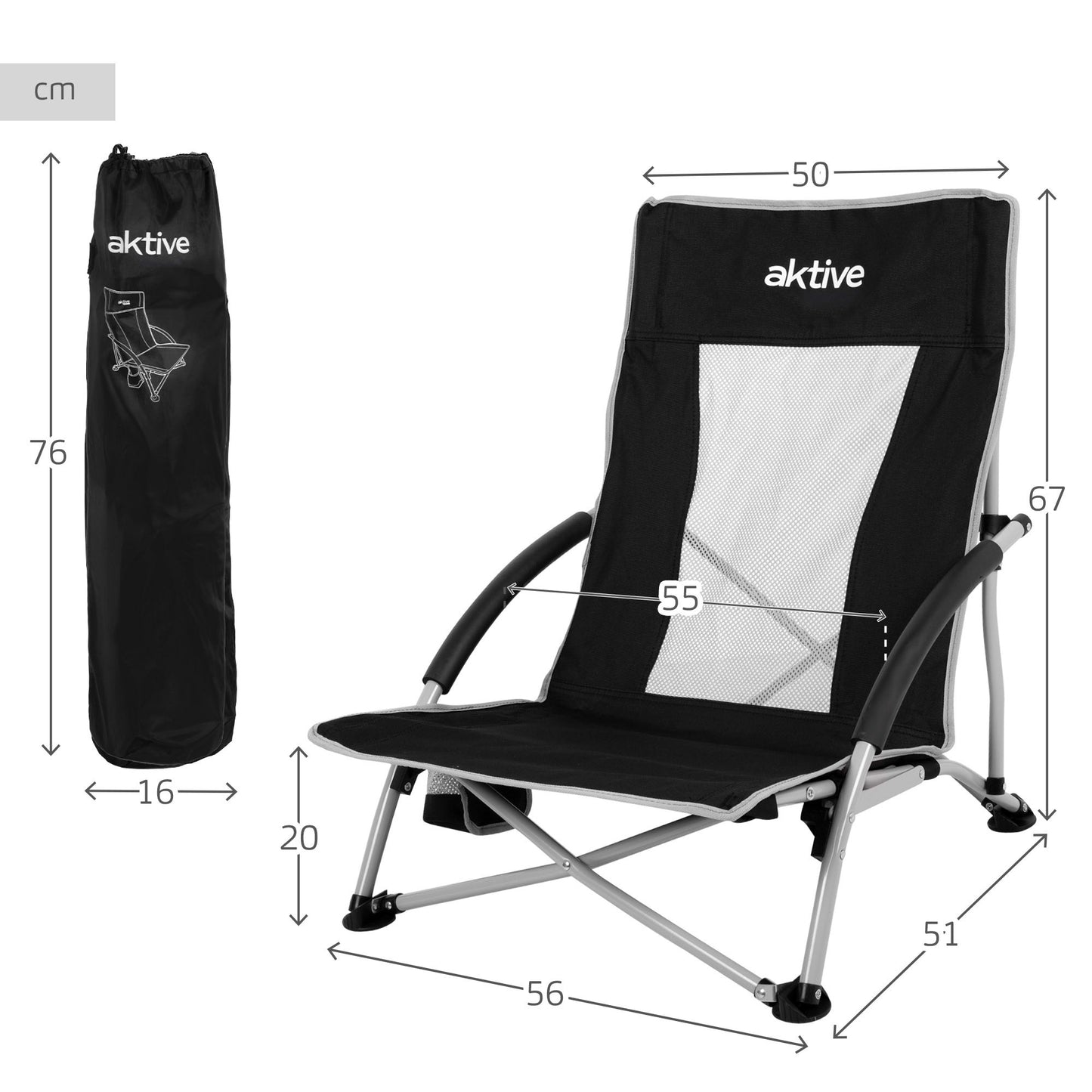 Aktive Pack 4 Sillas Plegables Camping Bajas 50x51x67 Cm Negras Con Posavasos_3