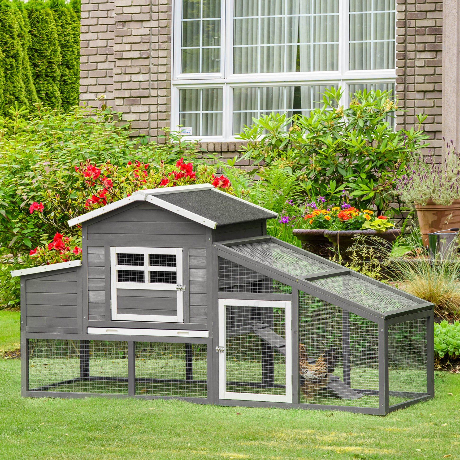 Pawhut Gallinero Madera Exterior Con Corral De Alambre Techos Asfálticos Gris_1