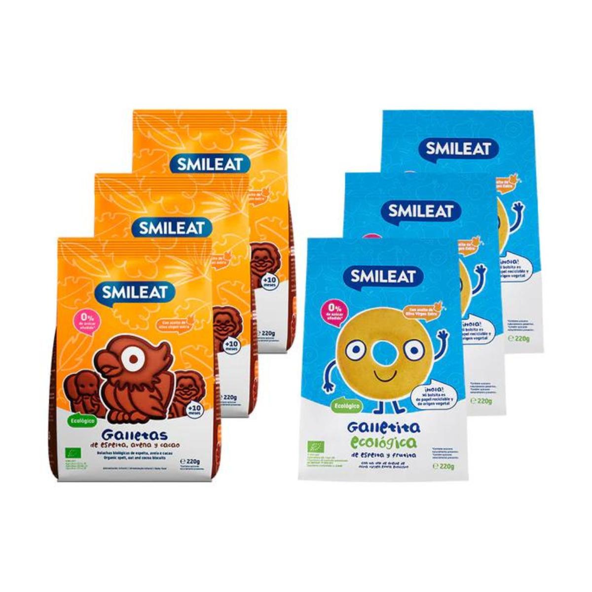 Pack de 3 bolachas de espelta, aveia e cacau e 3 bolachas de espelta e maçã para criança, ECO, 220 g, Smileat