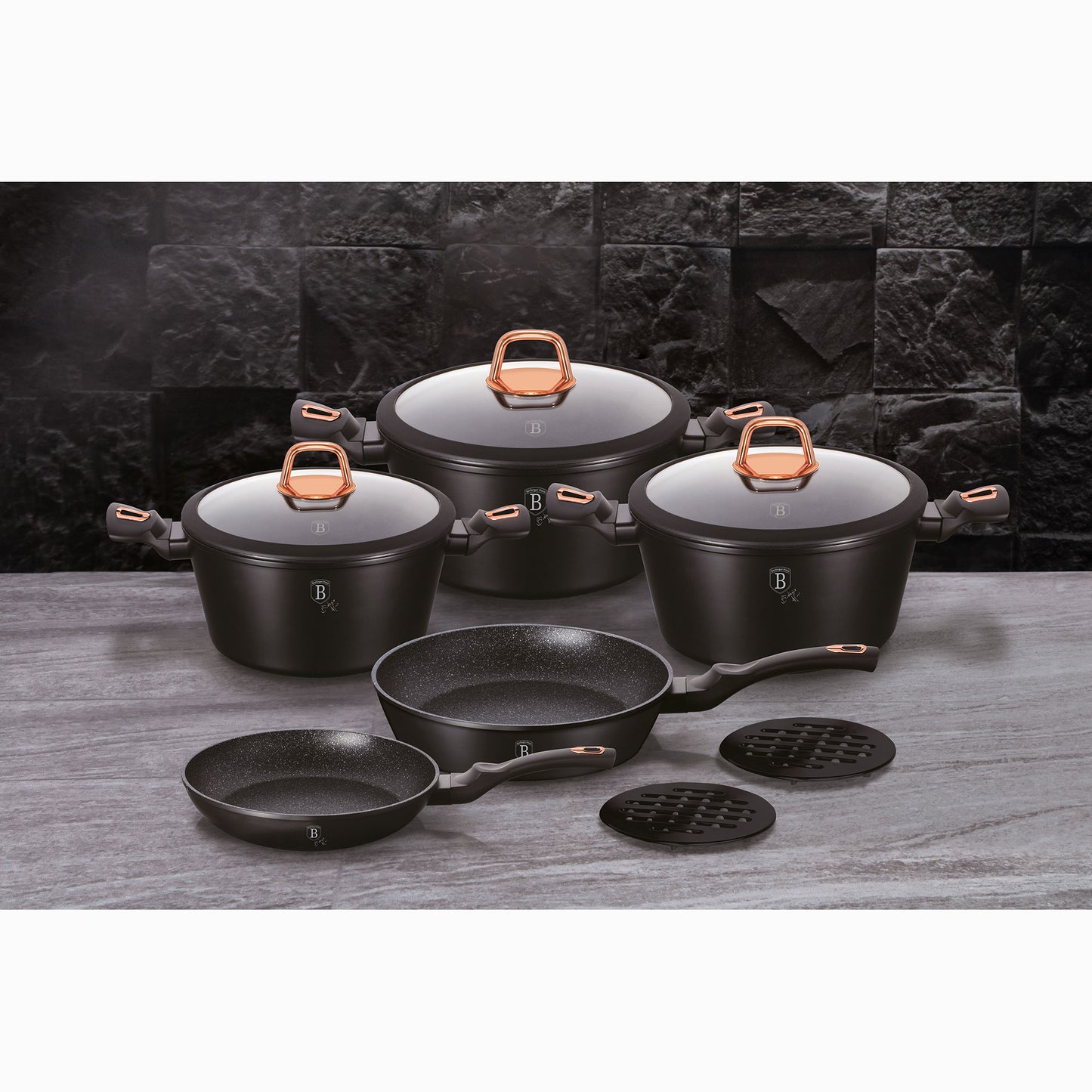 Batería Cocina Inducción 10 Piezas, Antiadherente Mármol Sin Pfoa, Aluminio, Cazuelas Sartenes Berlinger Haus Black Rose Negro_1