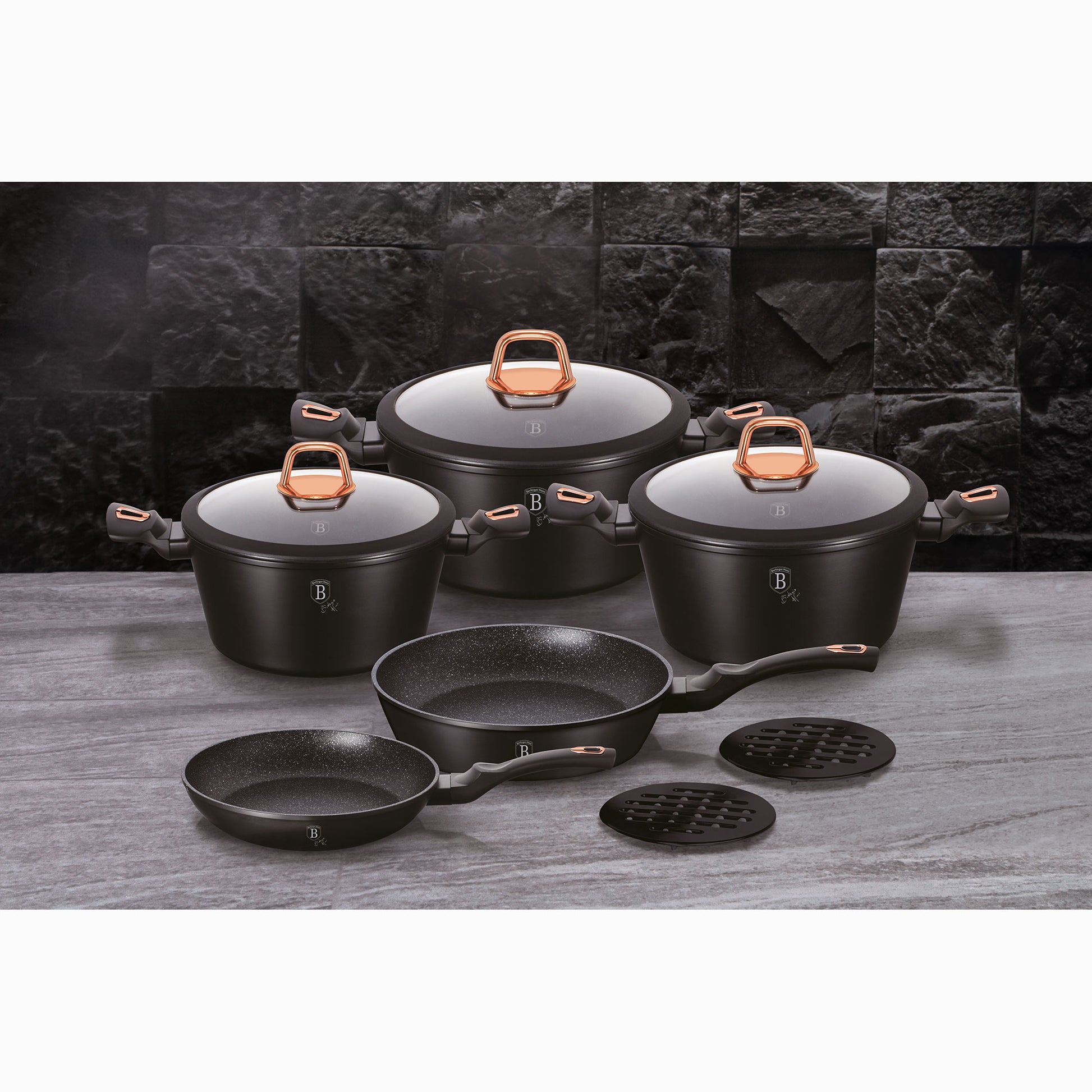 Batería Cocina Inducción 10 Piezas, Antiadherente Mármol Sin Pfoa, Aluminio, Cazuelas Sartenes Berlinger Haus Black Rose Negro_1