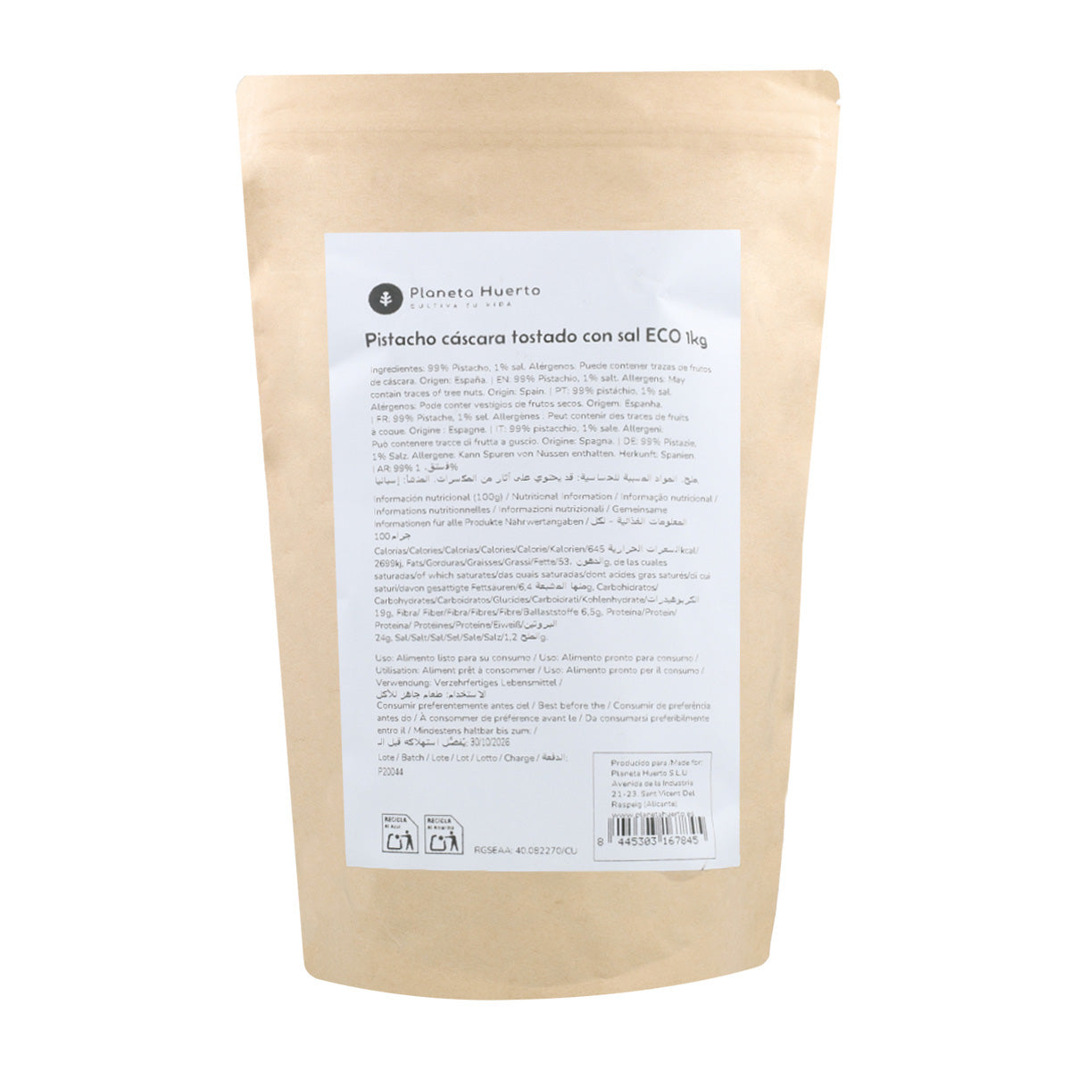 Pistácios torrados e salgados com casca, ECO Planeta Huerto, 1 kg