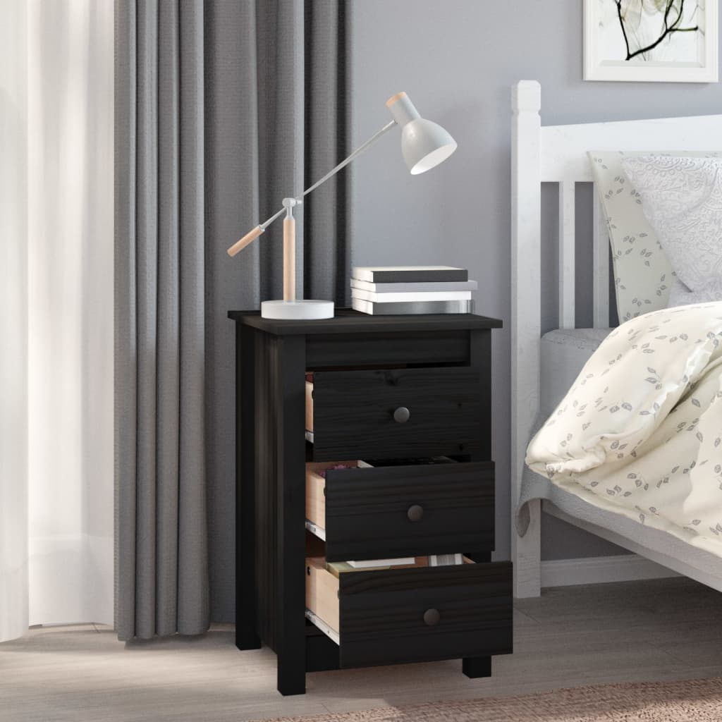 Mesita De Noche Madera Maciza De Pino Negro 40x35x61,5 Cm_4