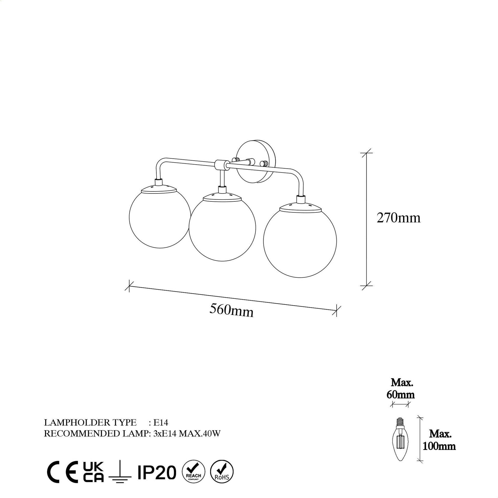 Aplique De Pared, Lineal 3 Transparentes Metal , Oro, 56x21x27, Casquillo 3 X E14 Max 40 W_1