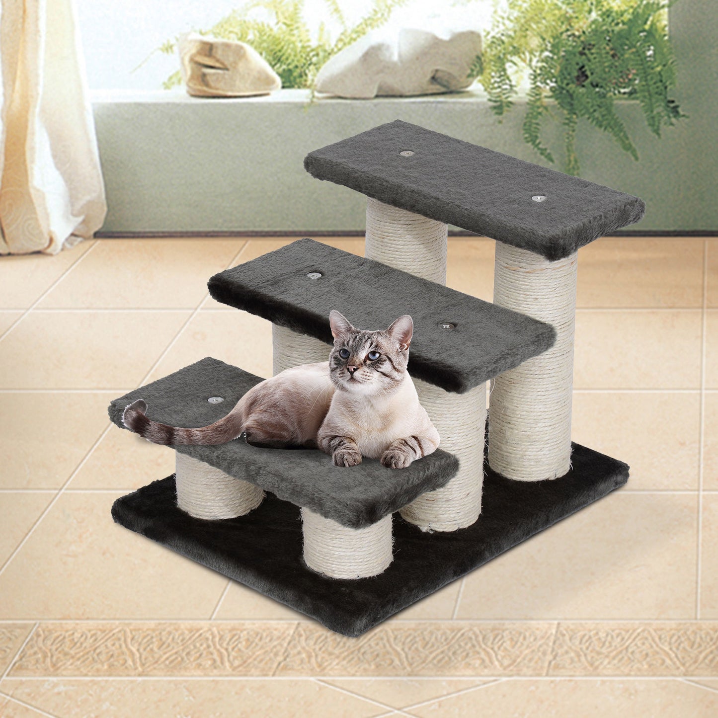 Pawhut Escalera De 3 Peldaños Para Mascotas Con Poste Rascador Cubierta 45x35x34_1