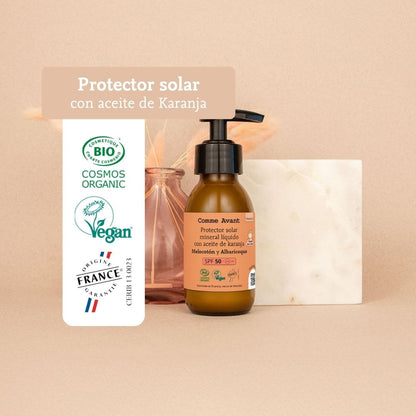 Protector solar mineral líquido PSF50 con aceite de karanja Melocotón y Albaricoque Comme Avant 105 ml