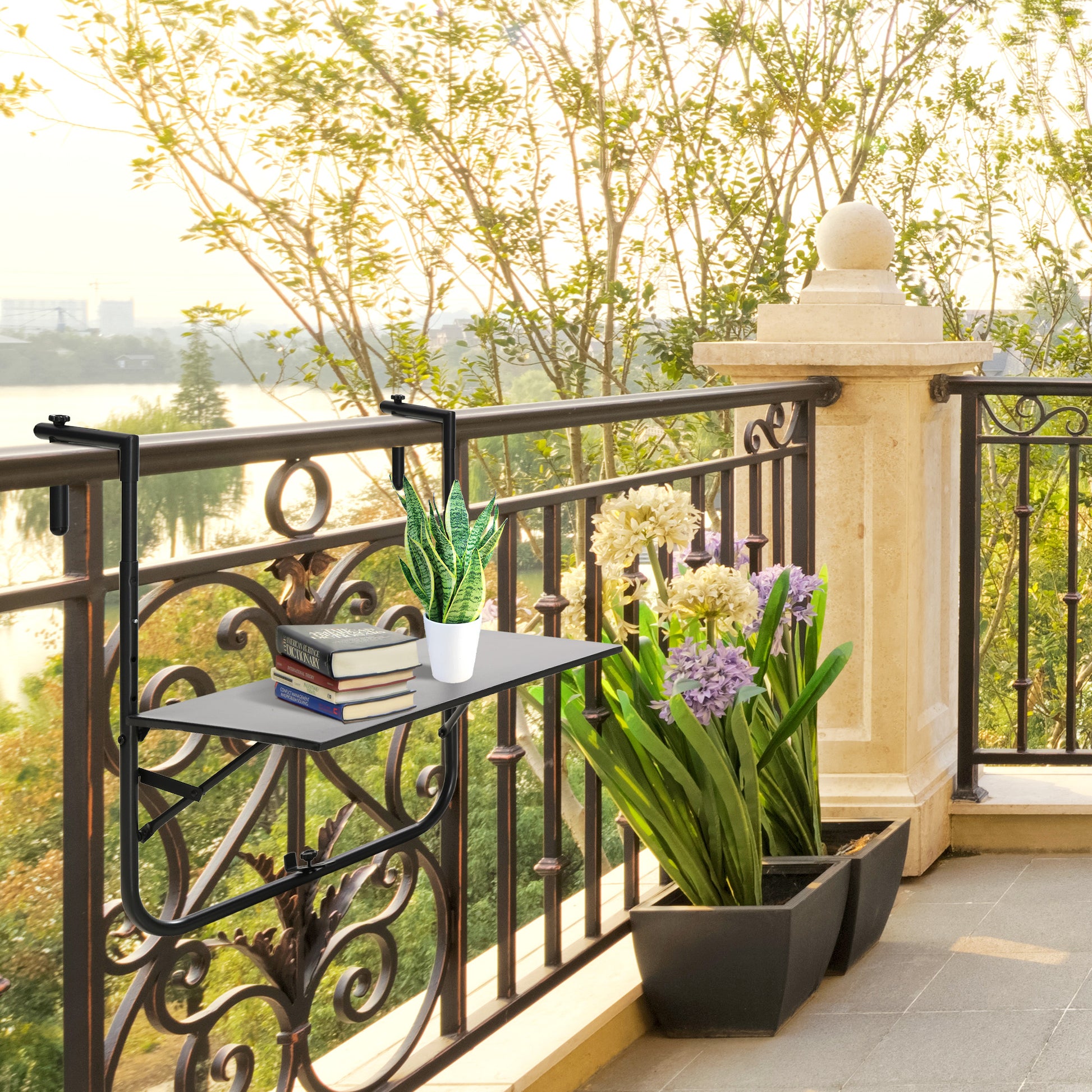 Outsunny Mesa Colgante Para Balcón Con Altura Ajustable 60x60,5x56-71 Cm Negro_1