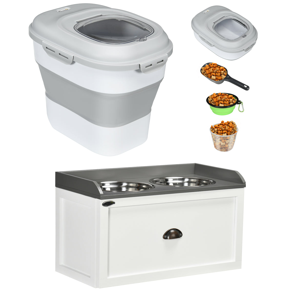 Pawhut Conjunto 1 Comedero Elevado Para Perros Y 1 Contenedor De Comida Blanco_0