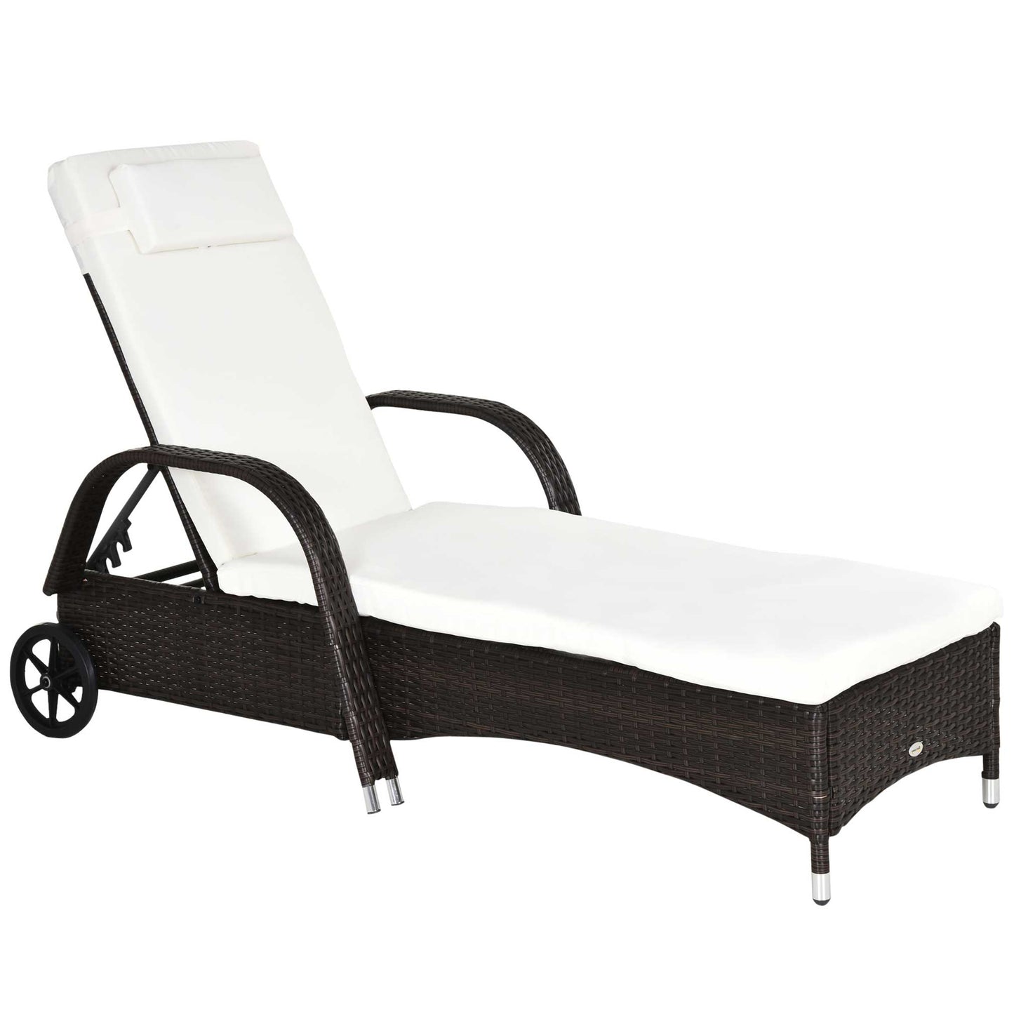 Outsunny Tumbona De Ratán Jardín Con Respaldo Ajustable Cojines 2 Ruedas Marrón_0