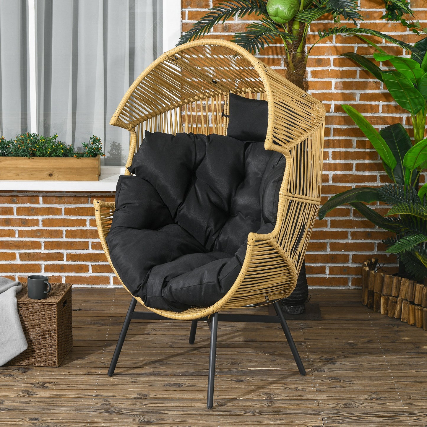 Outsunny Sillón De Ratán Sintético En Forma De Huevo 89x75x143 Cm Arena Y Negro_1