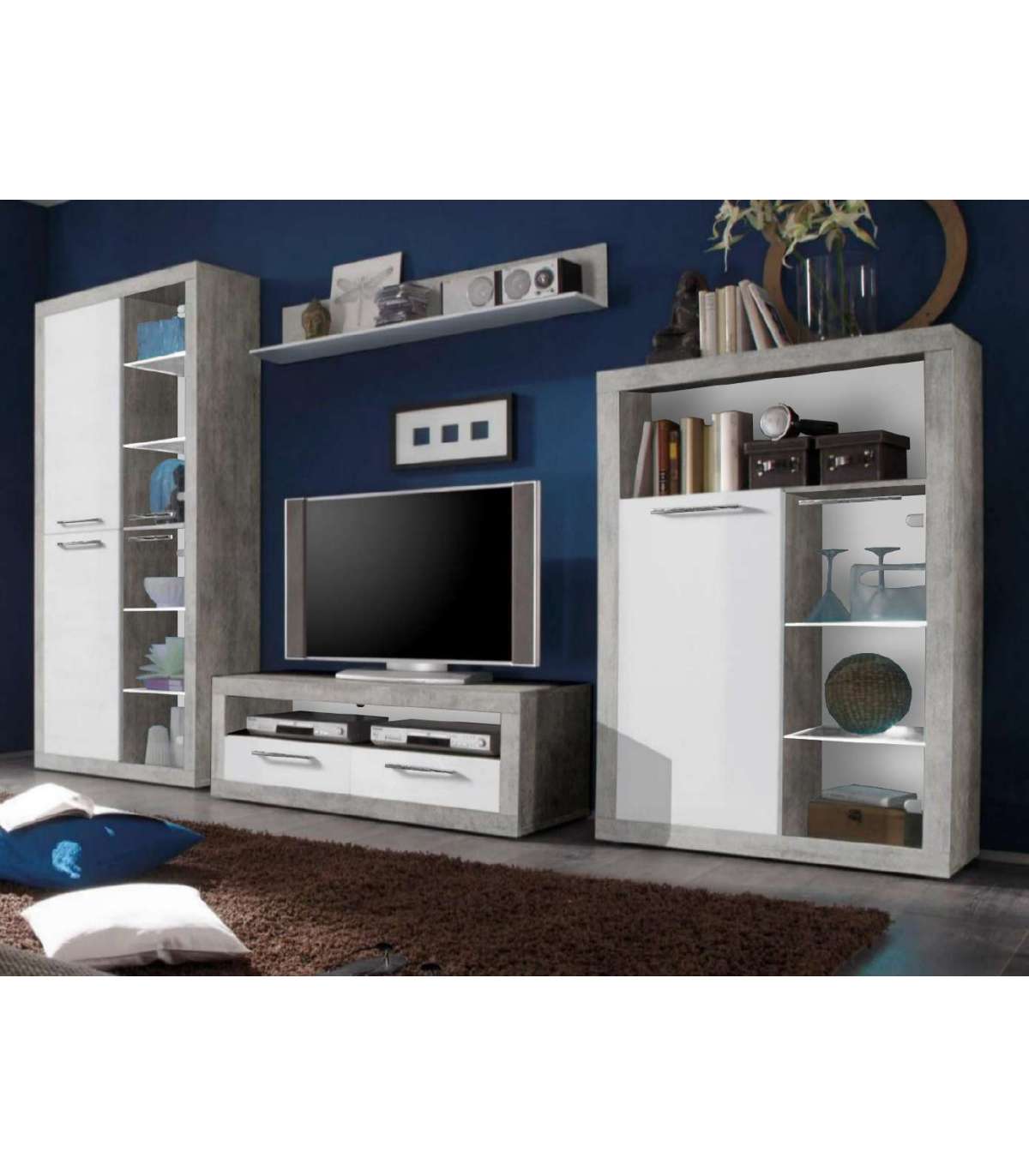 Composición De Salón Almuñecar En Gris Y Blanco Brillo. 220 Cm(alto), 304 Cm(ancho), 46 Cm(fondo)_0