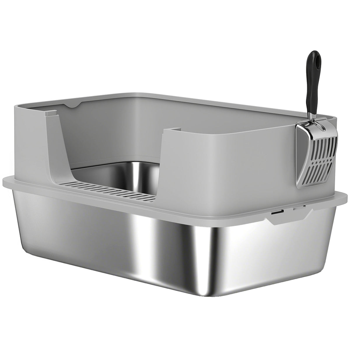 Pawhut Arenero Para Gatos De Acero Inoxidable Xl Borde Alto 60x40x29,5 Cm Gris_1