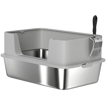 Pawhut Arenero Para Gatos De Acero Inoxidable Xl Borde Alto 60x40x29,5 Cm Gris_1
