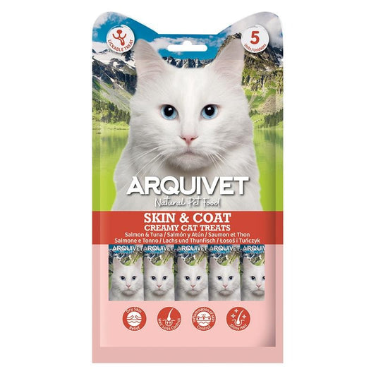 Snacks cremosos para gatos, snack cremoso funcional para pele e pelo, salmão e atum Arquivet 5x14 g