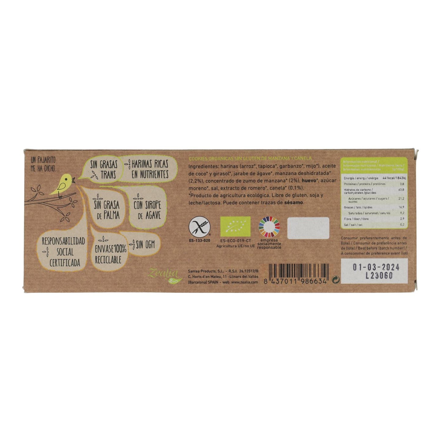 Bolachas de maçã e canela sem glúten biológicas Zealia, 135 g